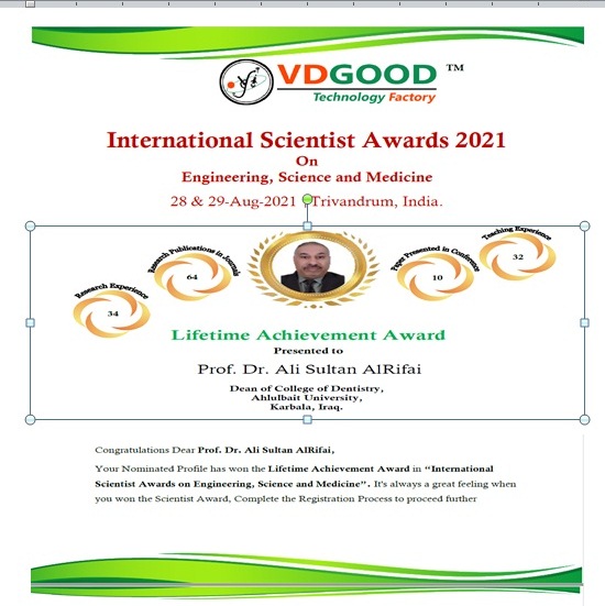 ترشيح عميد كلية طب الاسنان الاستاذ الدكتور علي سلطان الرفاعي الى جائزة العلماء الدولية لسنة ٢٠٢١ في الهندسة والعلوم والطب المقامة في الهند